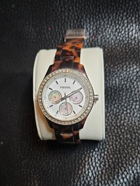 Fossil Women's Stella Tortoiseshell Link Watch with Crystal Bezel - White Dial